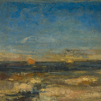 École française, monogrammé G.C. (Gustave Courbet, 1819-1877?): Marine au soleil couchant, huile sur toile, 19ème siècle