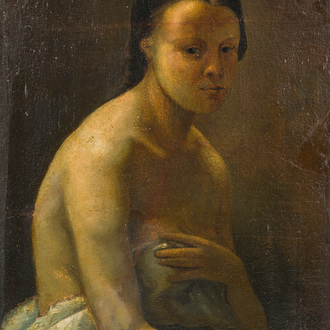 École française, monogrammé JFM (Jean François Millet, 1814-1875 ?): Le modèle féminin, huile sur papier marouflé sur panneau, 19ème siècle