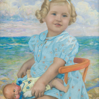 Ferdinand Buyle (1872–1950): Portrait of a little girl with a doll on the beach, pastel on paper, dated (19)38