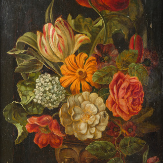 École européenne, à la manière des maîtres anciens: Nature morte aux fleurs et aux insectes, huile sur panneau, fin du 19ème siècle