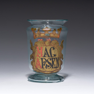 A Bohemian gilt and polychrome decorated 'Mag Arsen' (arsenic) glass pharmacy jar, 19th C.