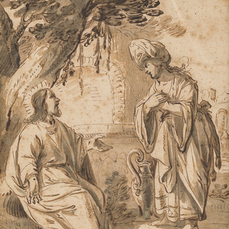 Dutch school: Christ and the Samaritan woman, washed ink drawing on paper, 17th C.