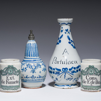Four French blue, white and polychrome pottery pharmacy jars and bottles, a.o. Lyon and Rouen, 17th/18th C.