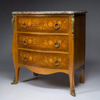 A French Transition style gilt bronze mounted marquetry chest of drawers with veined grey and red marble top, first half 20th C.
