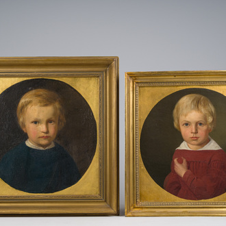 J. May (19ème siècle): Deux portraits d'enfants, huile sur toile et toile marouflée sur board, un daté 18(...)