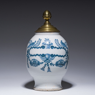 A large English Delftware blue and white pharmacy jar with a cartouche, probably Lambeth, 18th C.