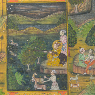 Indian school: A large miniature depicting an animated landscape surrounding a hunting scene, gouache on paper, 19th/20th C.