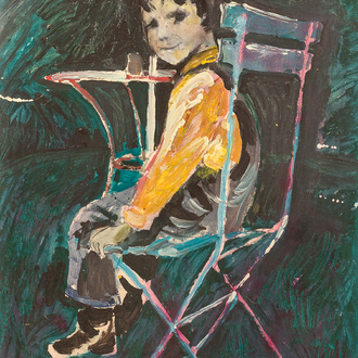 Martin Wallaert (1944): Young boy seated on a terrace, oil on board