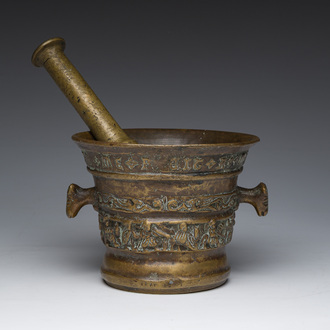 A Flemish bronze mortar with relief design and animal head-shaped handles with pestle, Petrus Van den Ghein, dated 1584, 19th C.