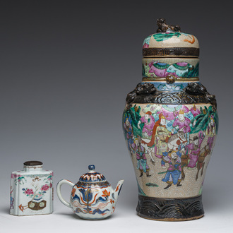 A Chinese Nanking crackle glazed famille rose 'warrior' vase and cover, a tea caddy and an Imari style teapot and cover, 18th/19th C.