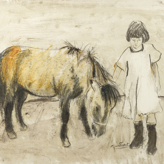 Martin Wallaert (1944): Girl with a Shetland pony, mixed media on paper