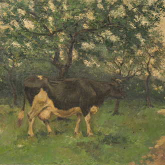 Joseph Grimau (1859-1938): Cow in a farmyard, oil on canvas
