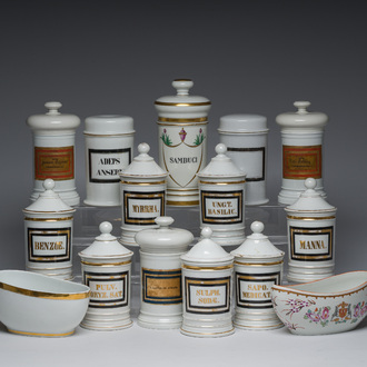Thirteen Belgian and French gilt and polychrome decorated porcelain pharmacy jars and two bourdalous, 19th C.