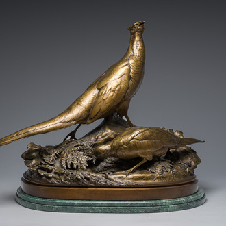 Auguste Nicolas Cain (1821-1894): Two pheasants, patinated bronze on a vert de mer marble base, marked 'Susse Frères Editions Paris'