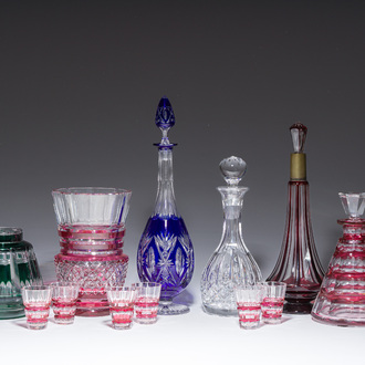 A varied collection of mainly partly coloured overlay cut crystal, a.o. Val Saint Lambert and Atlantis, 20th C.