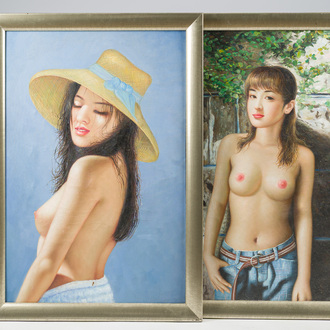 Chinese school, Zhang Kai Ji and Li Hong (21st C.): Two nude ladies, oil on canvas, dated 2009