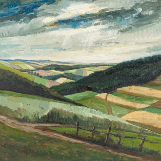 Floris Jespers (1889–1965 or in the manner of): Hilly landscape, oil on canvas, dated (19)54