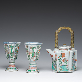 A pair of Chinese famille verte stem cups with floral design and a French Samson famille verte style teapot and cover, Kangxi and 19th C.