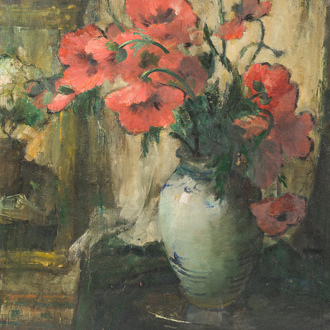 Frans Mortelmans (1865–1936): 'Red poppies in stone jar on table', oil on canvas