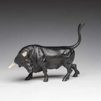 A French polychrome cold painted bronze model of a bull, 19th/20th C.