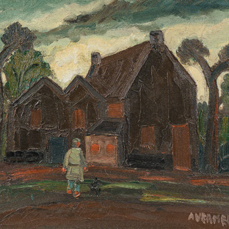 Alphons Vermeir (1905-1994): Man with his dog on his way home, oil on board