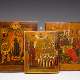 Three Russian orthodox icons, 'Mother of God, Joy of all who sorrow', 'Mother of God Bogolyubskaya' and 'Philoxenia of Abraham', 19th C.