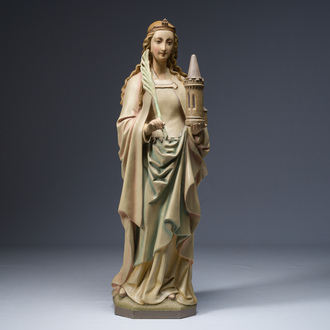 A large polychrome decorated plaster figure of Saint Barbara, 19th/20th C.