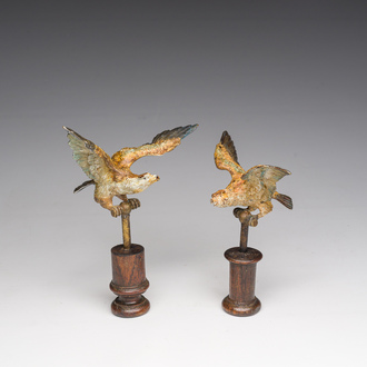 A pair of Viennese polychrome cold painted bronze models of eagles on a wooden base, 19th/20th C.