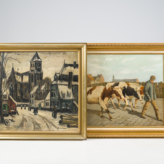 Belgian school: Farmer on the road with his herd of cows & R. Van Haver: View of a village square in wintertime, oil on canvas, 20th C.