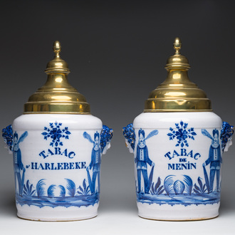 Two large Brussels brass covered blue and white faience 'Tabac d'Harlebeke' and 'Tabac de Menin' tobacco jars, 19th C.