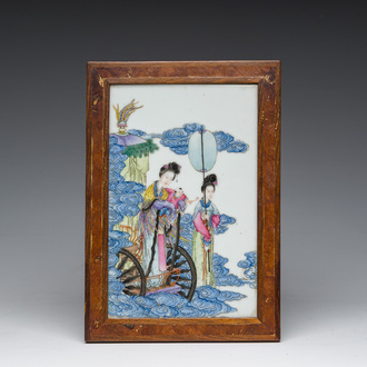 A Chinese famille rose plaque with the Queen Mother of the West descending from heaven, Republic, 20th C.
