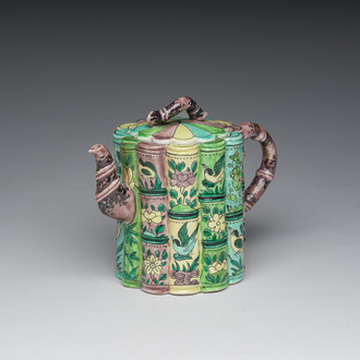 A Chinese bamboo-shaped famille verte teapot and cover with floral design, Kangxi