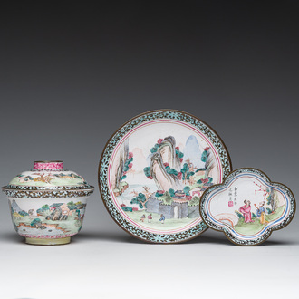A Chinese Canton enamel bowl and cover, a patipan and a saucer with figures in a landscape, 19th C.