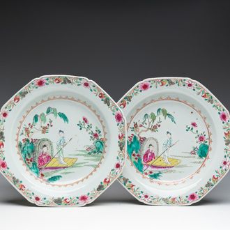 Two octagonal Chinese famille rose plates with an animated scene, Qianlong