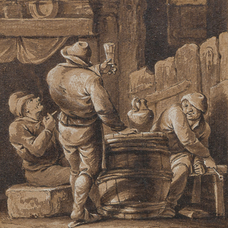Ferdinand von Kobell (1740-1799): Peasants making merry in a tavern, washed ink drawing on paper