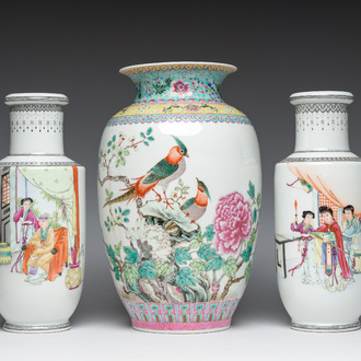 Three Chinese famille rose vases with palace scenes and birds among blossoming branches, Qianlong marks, Republic, 20th C.