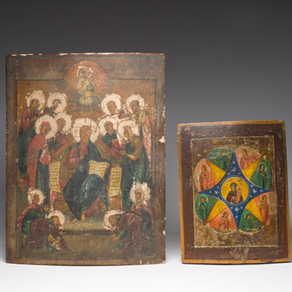 Two Russian orthodox icons, 'Our Lady of the Burning Bush' and 'Jesus Christ enthroned (Deesis)', 19th C.