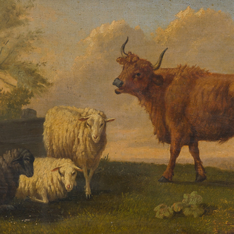 Paulus Potter (1625-1654, suiveur de): Moutons et taureau dans un paysage, huile sur toile, 19ème siècle