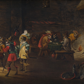 Abraham Teniers (1629-1670, attributed to): Monkeys in a guardroom interior, oil on panel