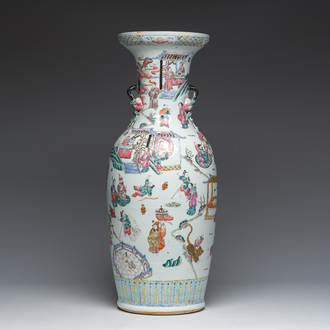 A Chinese famille rose vase with narrative design all around and relief design of peaches, 19th C.