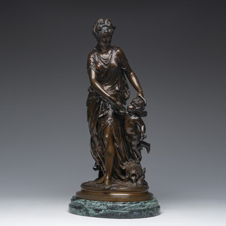 Jean-Louis Grégoire (1840-1890): Quenching Thirst, brown patinated bronze on a vert de mer marble base