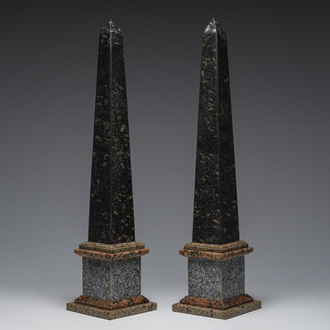A pair of Italian Neoclassical obelisks in various types of marble, 20th C.