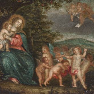 Flemish school, follower of Pieter van Avont (1600-1652): Rest on the flight into Egypt, oil on copper, 17th C.