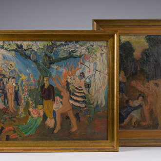 Roger Vercruysse (Rover, 1914-1980): Two animated scenes with nudes, oil on canvas and canvas marouflated on board
