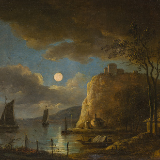 Dutch school, monogrammed AVDN, follower of Aert van der Neer (1603-1677): River landscape with boats by moonlight, oil on panel, ca. 1800