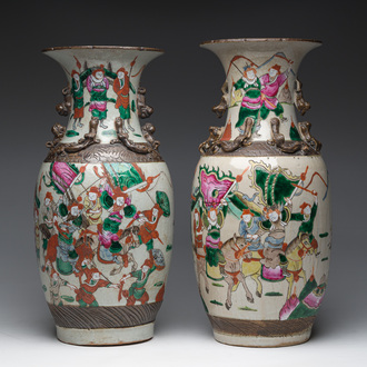 Two Chinese Nanking crackle glazed famille rose 'warrior' vases, 19th/20th C.