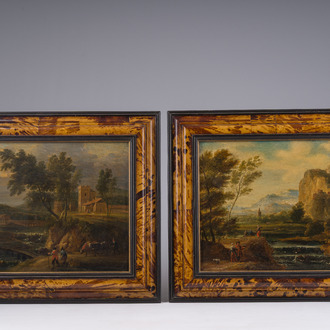 Flemish school: Two animated landscapes, oil on panel, first half 18th C.