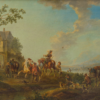 School of the Netherlands, monogrammed H.E.: The arrival of the horsemen at the city gate, oil on canvas, late 18th C.