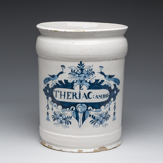 An exceptionally large Dutch Delft blue and white 'Theriac' pharmacy jar, 18th C.