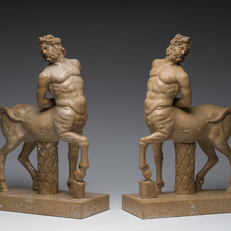 A pair of Italian travertine centaurs, 20th C.